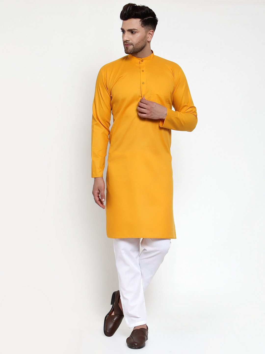 Jompers Men Mustard Yellow & White Solid Kurta Only