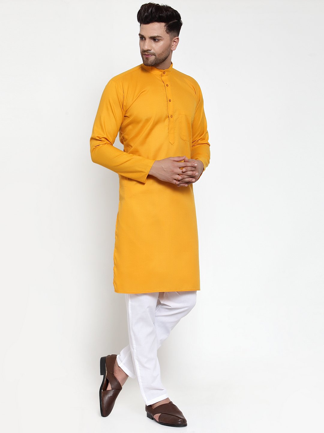 Jompers Men Mustard Yellow & White Solid Kurta Only