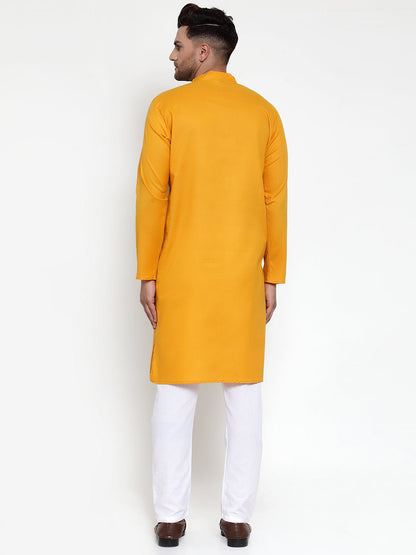 Jompers Men Mustard Yellow & White Solid Kurta with Churidar