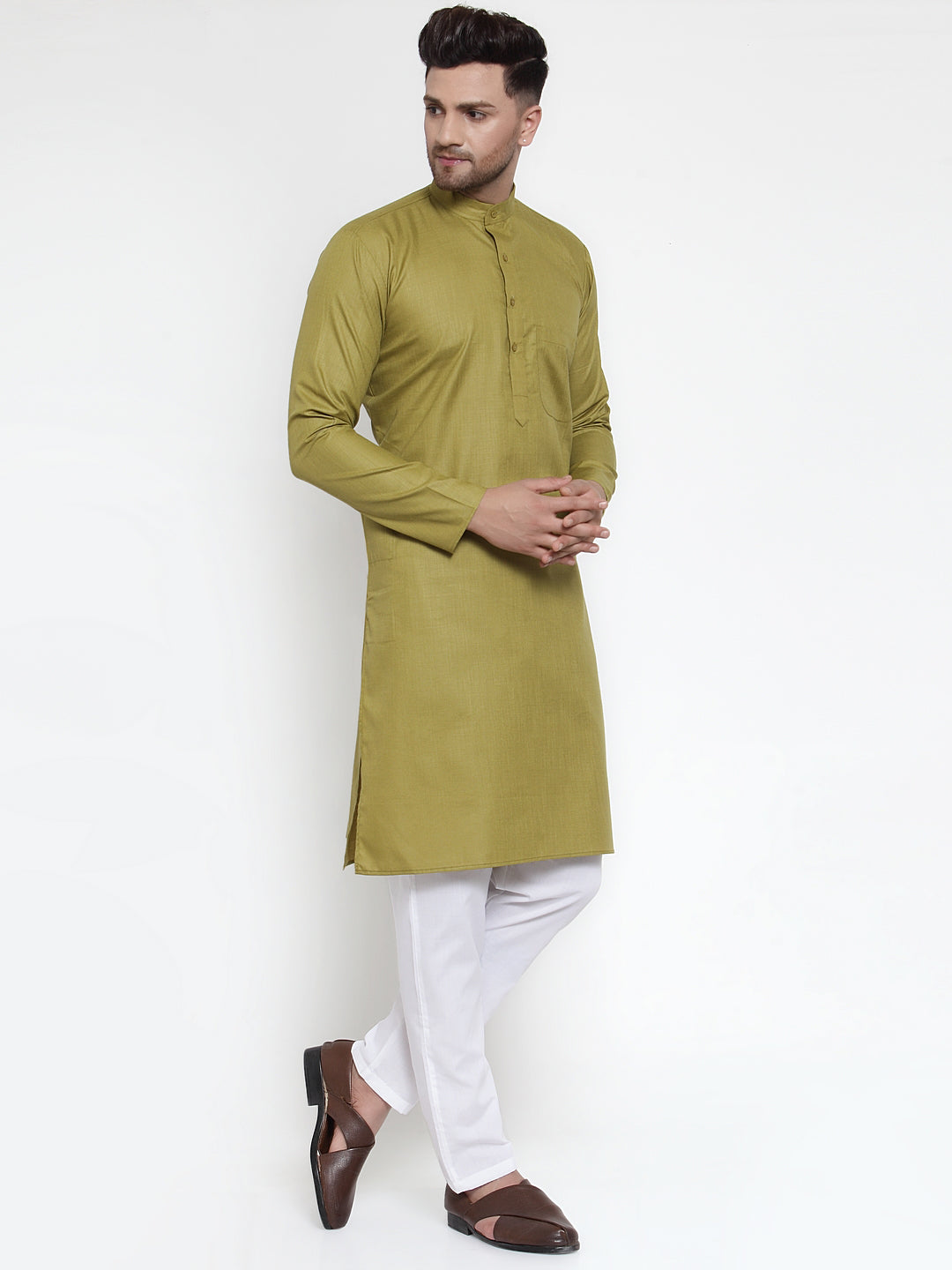 Jompers Men Olive Green & White Solid Kurta with Churidar