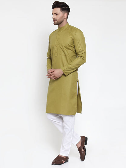 Jompers Men Olive Green & White Solid Kurta Only
