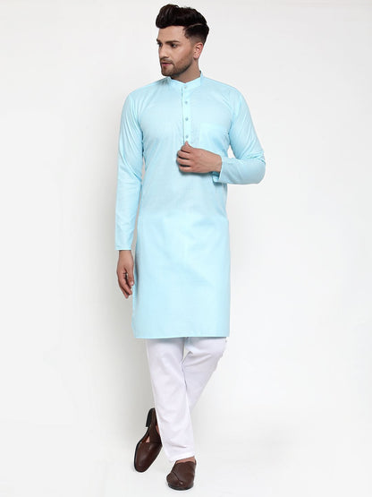 Jompers Men Sky-Blue & White Solid Kurta Only