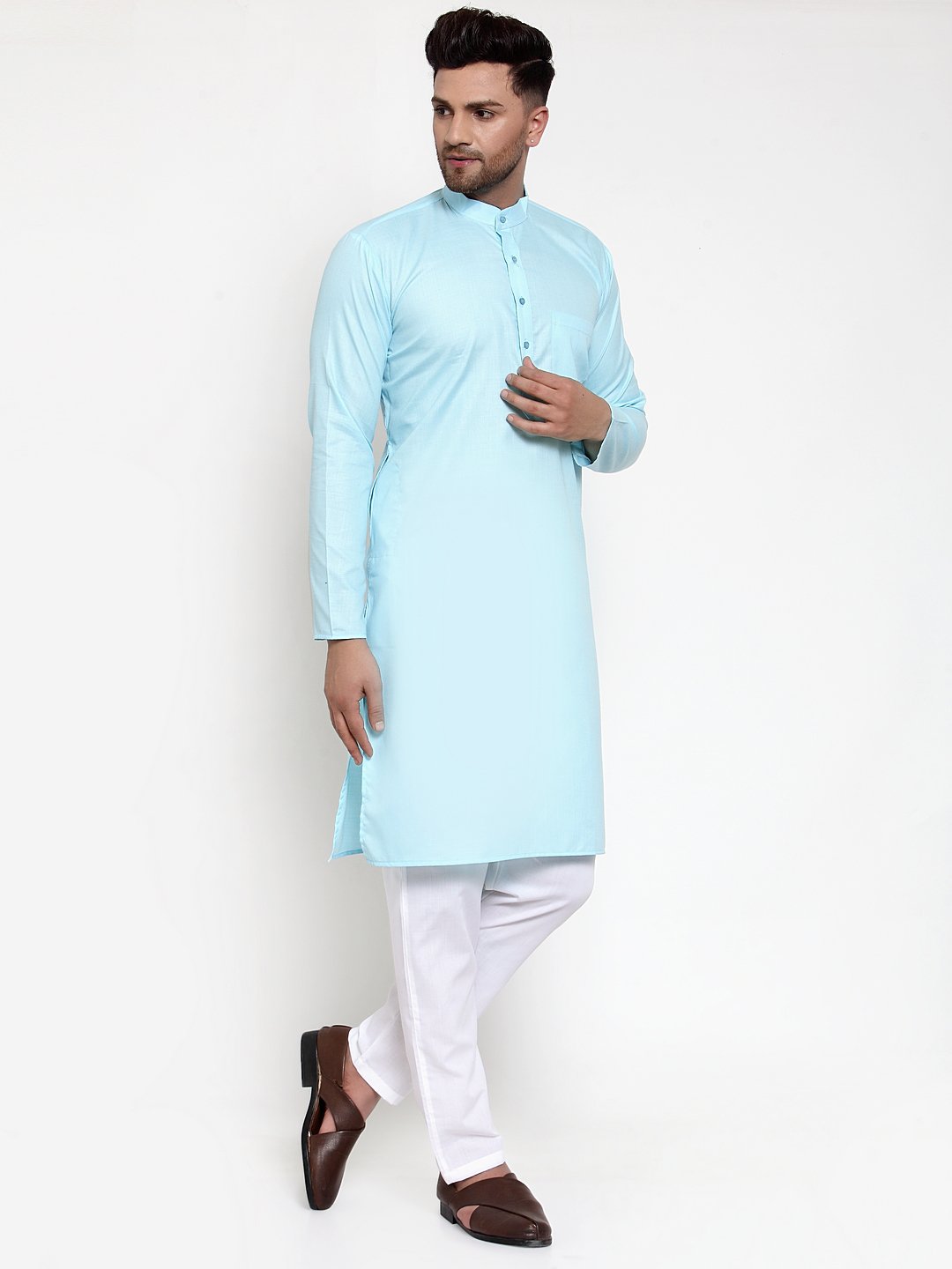 Jompers Men Sky-Blue & White Solid Kurta Only