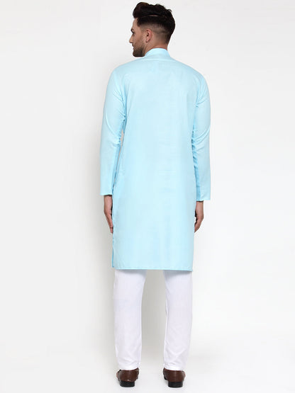 Jompers Men Sky-Blue & White Solid Kurta with Churidar