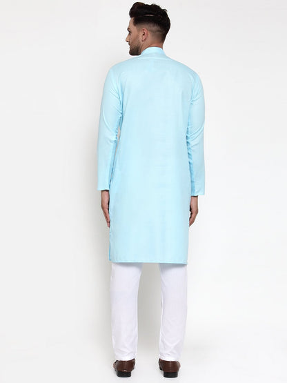Jompers Men Sky-Blue & White Solid Kurta Only