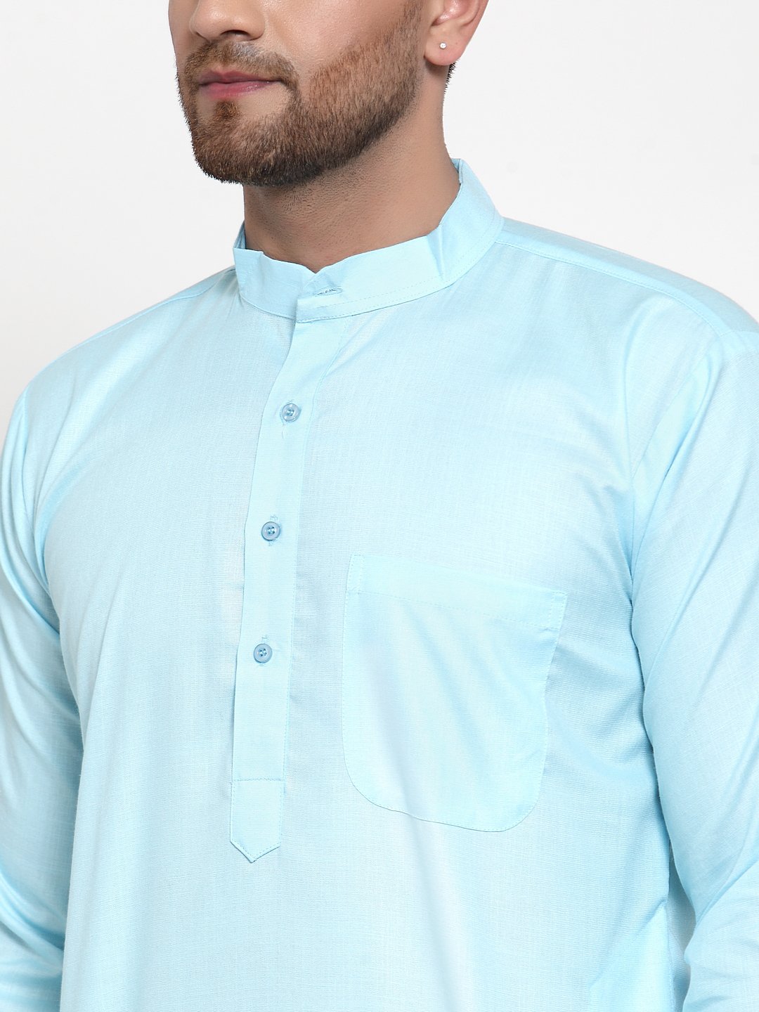 Jompers Men Sky-Blue & White Solid Kurta Only
