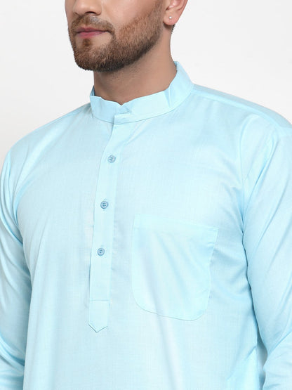 Jompers Men Sky-Blue & White Solid Kurta Only