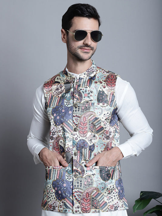 Jompers Men's Printed With Zari Work Nehru Jacket - Blue