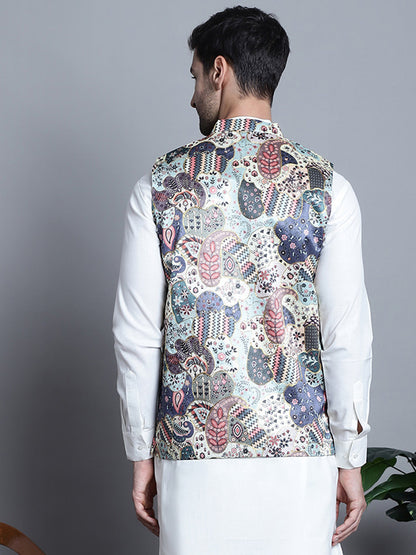 Jompers Men's Printed With Zari Work Nehru Jacket - Blue