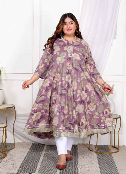 Miravan Women's Plus Size Purple Flower Printed With Beautiful Lace Border Details Anarkali Kurta