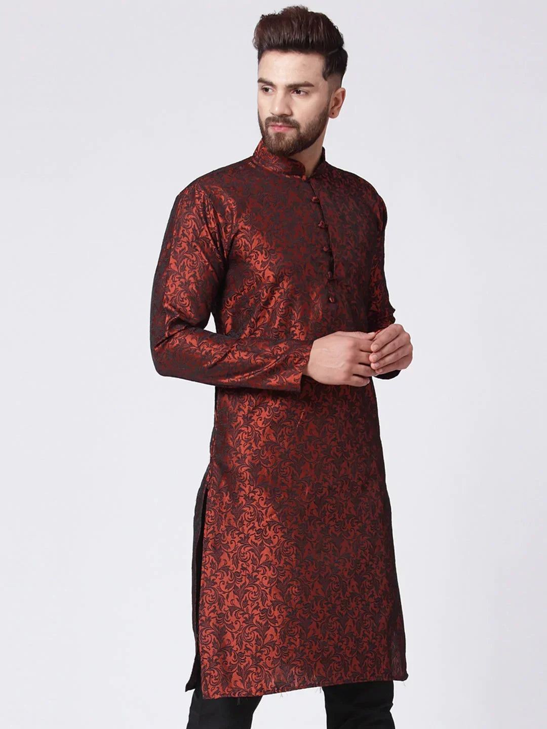 Jompers Men's Maroon & Black Self Design Kurta Only
