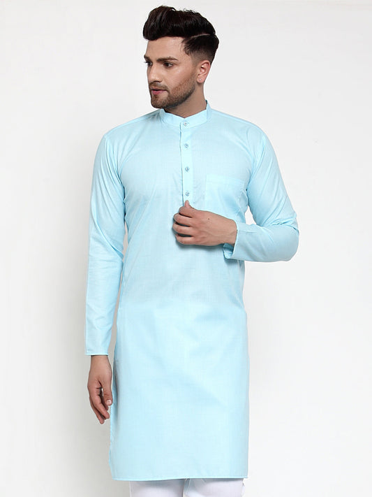 Jompers Men Sky-Blue & White Solid Kurta Only