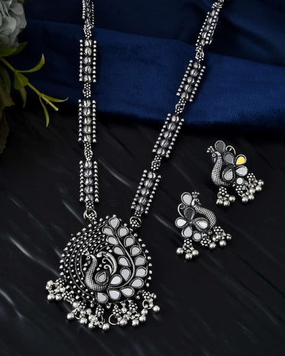 Jewels Nest Antique Long Oxidised Necklace Set with Statement Pendant