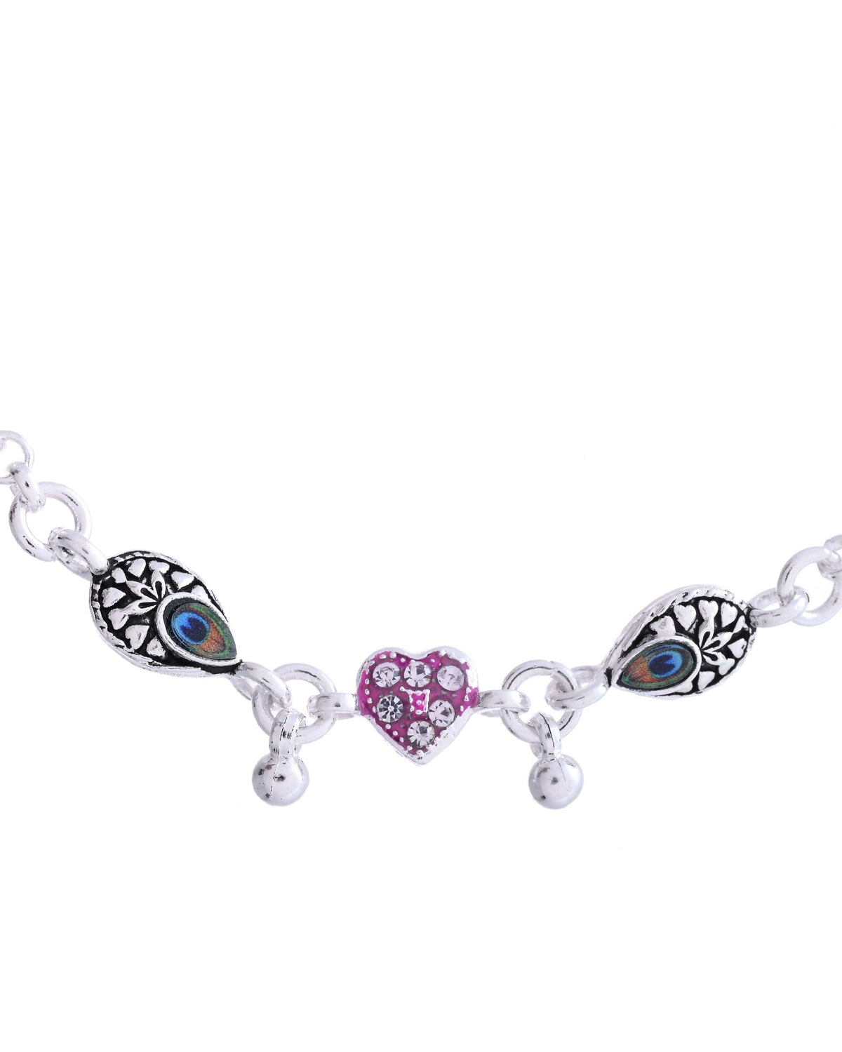 Jewels Nest Set of 2 Silver-Plated Stainless Steel Evil Eye & Pink Beaded Anklets