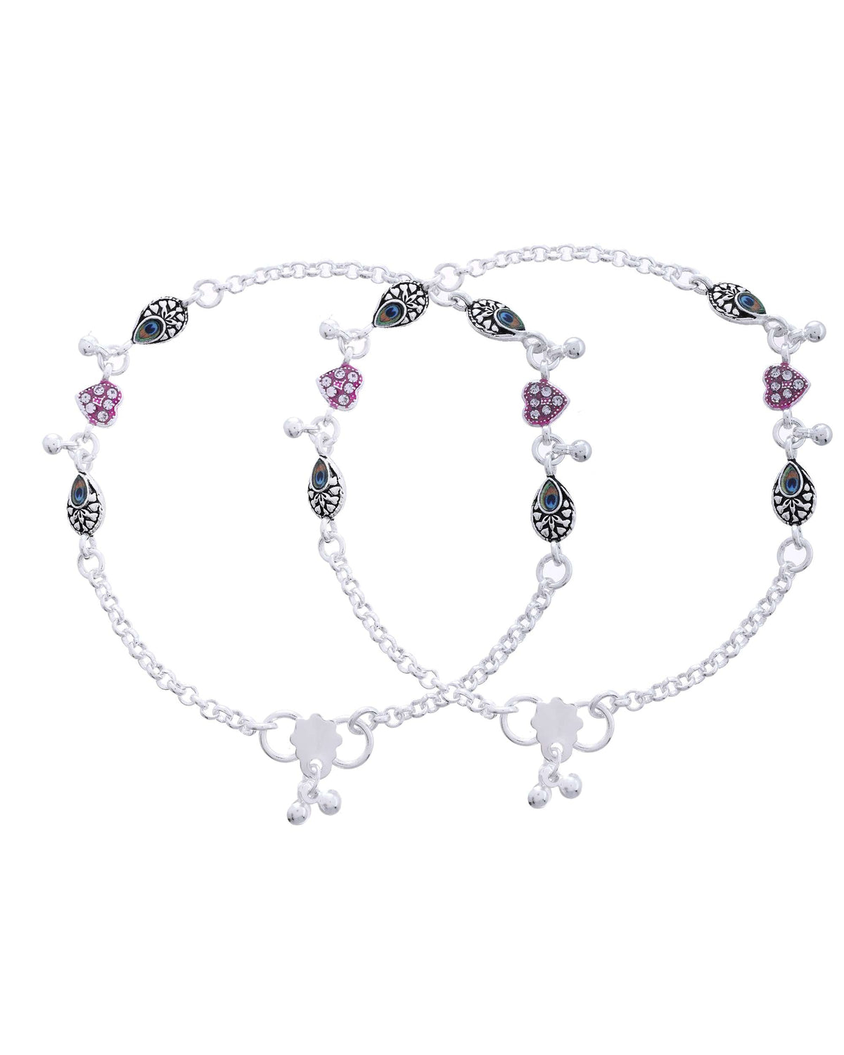 Jewels Nest Set of 2 Silver-Plated Stainless Steel Evil Eye & Pink Beaded Anklets
