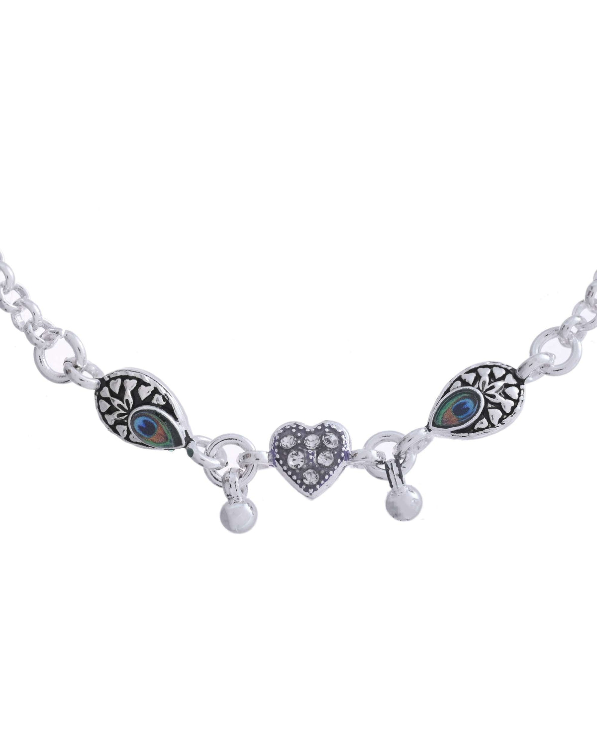 Jewels Nest Set of 2 Silver-Plated Stainless Steel Evil Eye & Heart Charm Beaded Anklets