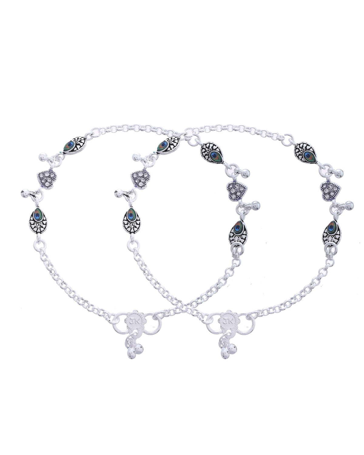 Jewels Nest Set of 2 Silver-Plated Stainless Steel Evil Eye & Heart Charm Beaded Anklets