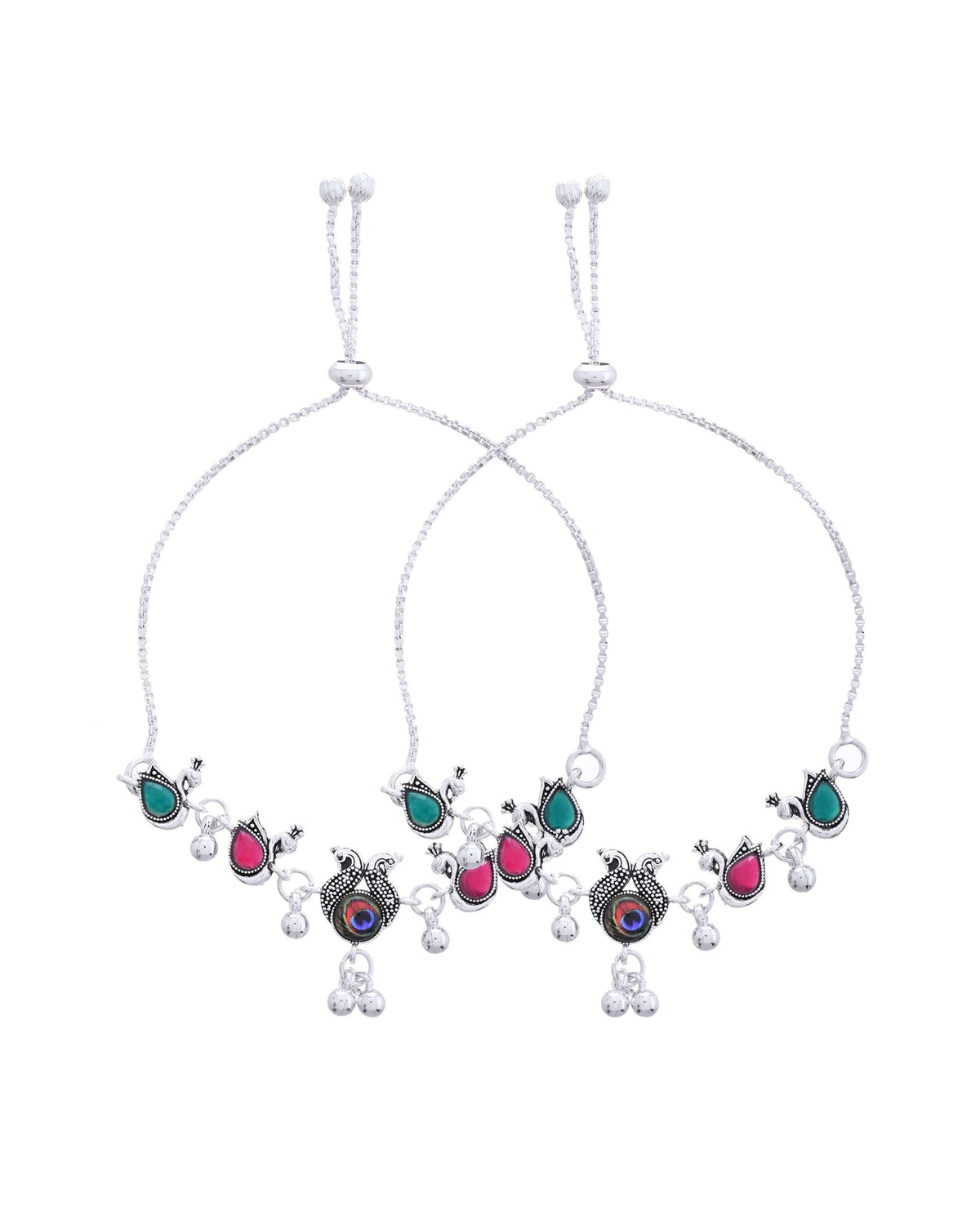Jewels Nest Set of 2 Silver-Plated Green Stone & Bead Anklets in Stainless Steel