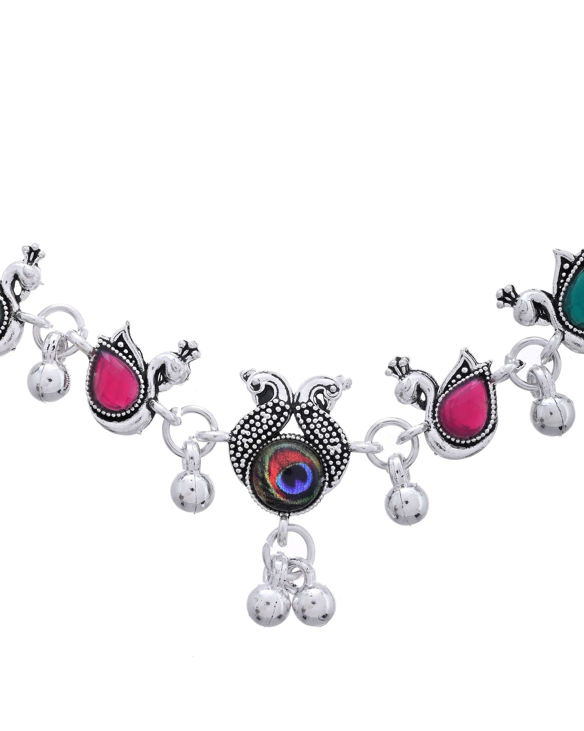 Jewels Nest Set of 2 Silver-Plated Green Stone & Bead Anklets in Stainless Steel