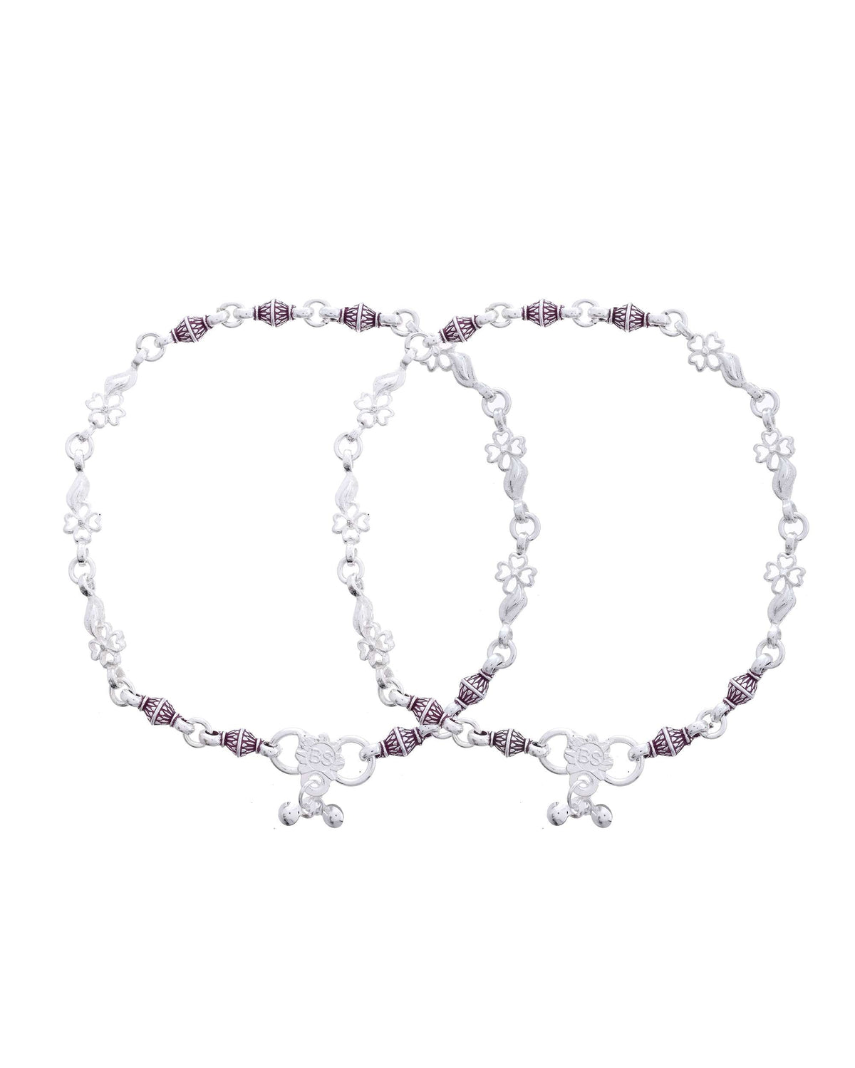 Jewels Nest Set of 2 Silver-Plated Stainless Steel Anklets with Pink Artificial Beads