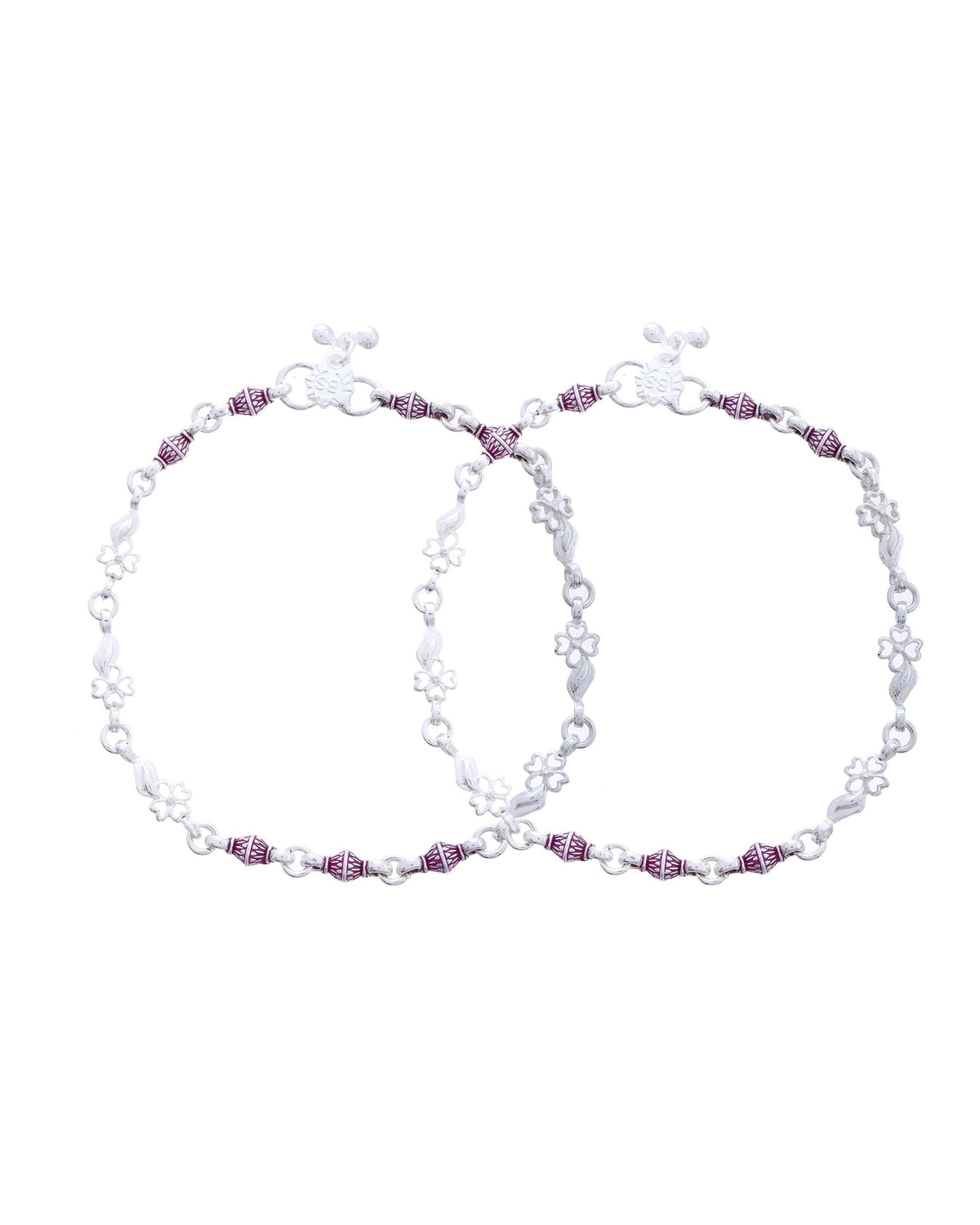 Jewels Nest Set of 2 Silver-Plated Stainless Steel Anklets with Pink Artificial Beads