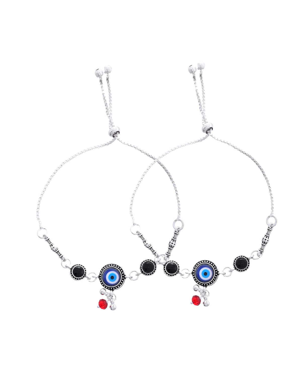 Jewels Nest Set of 2 Silver-Plated Beaded Anklets with Black & Blue Evil Eye Charms