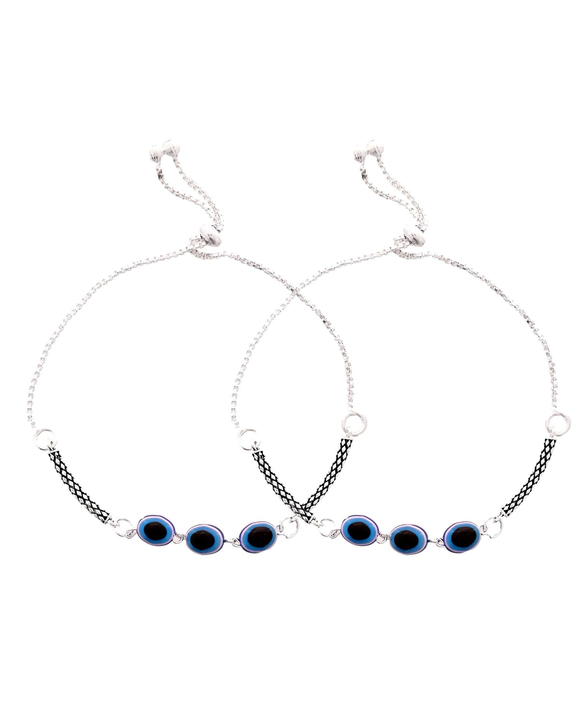 Jewels Nest Set of 2 Silver-Plated Stainless Steel Evil Eye Oval Beaded Anklets