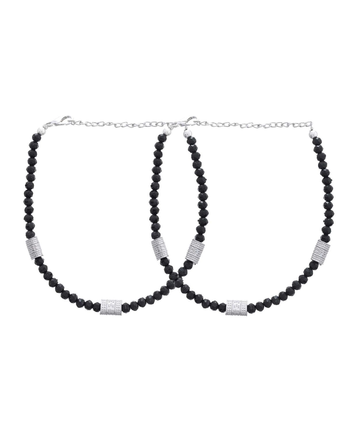 Jewels Nest Set of 2 Silver-Plated Anklets with Polished Black Beads and Barrel Charms
