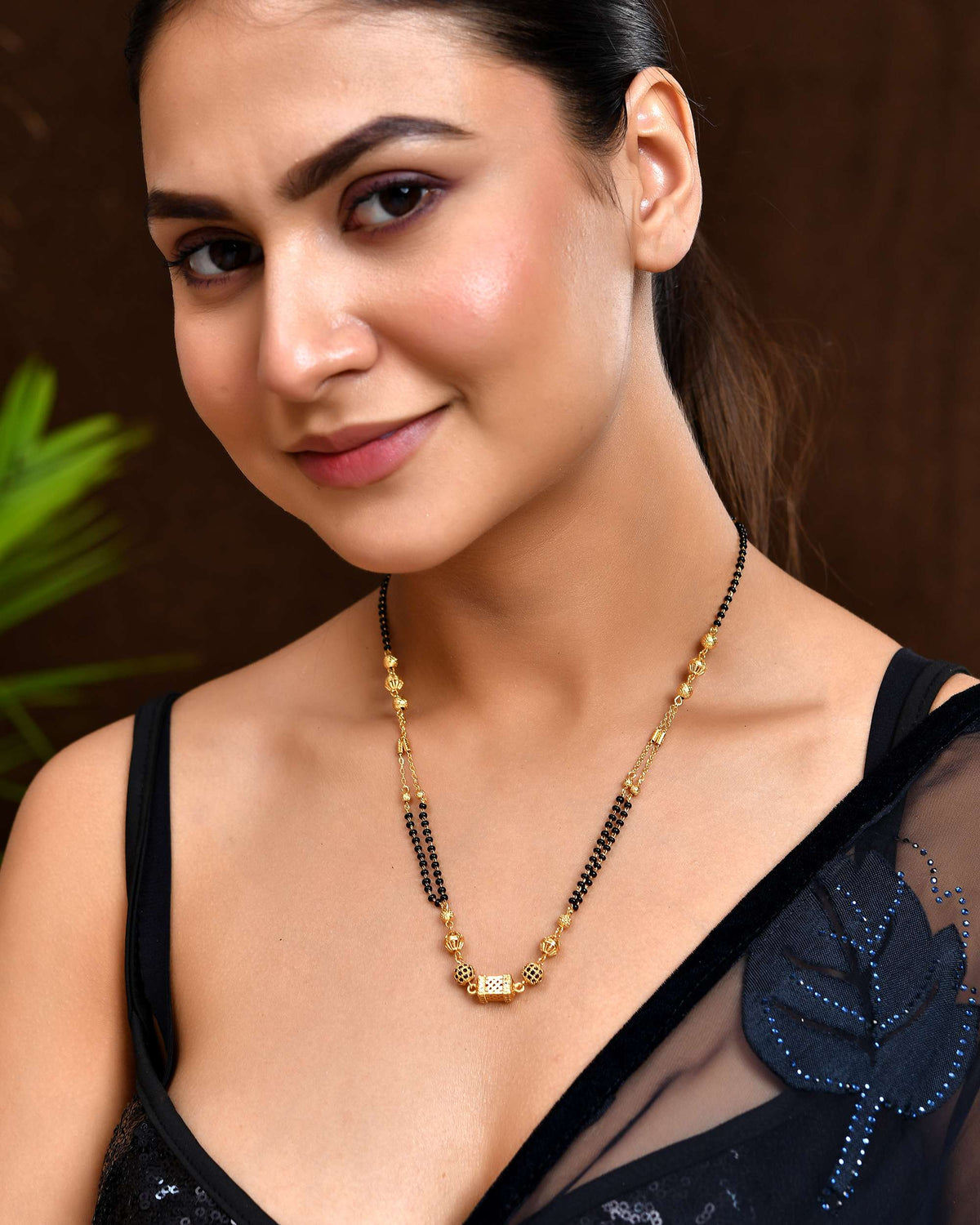 Jewels Nest Gold-Plated Traditional Double-Line Mangalsutra with Barrel Pendant