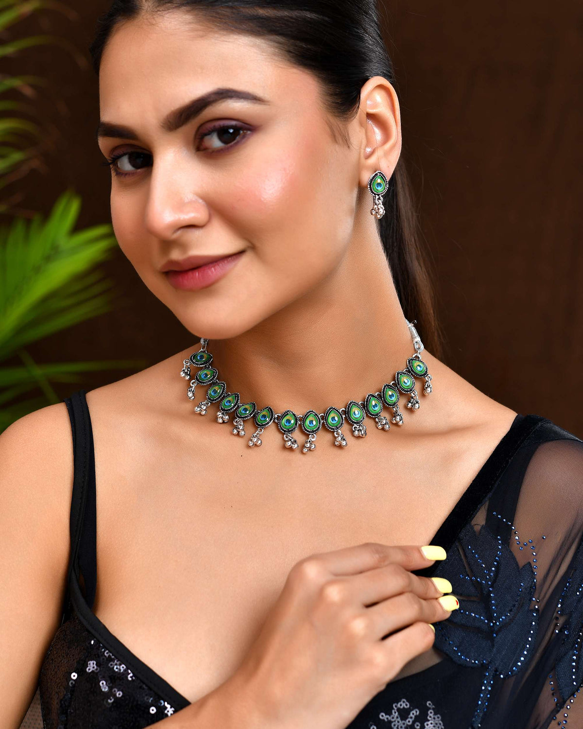 Jewels Nest Oxidised Silver Peacock Feather Necklace with Matching Earrings Set
