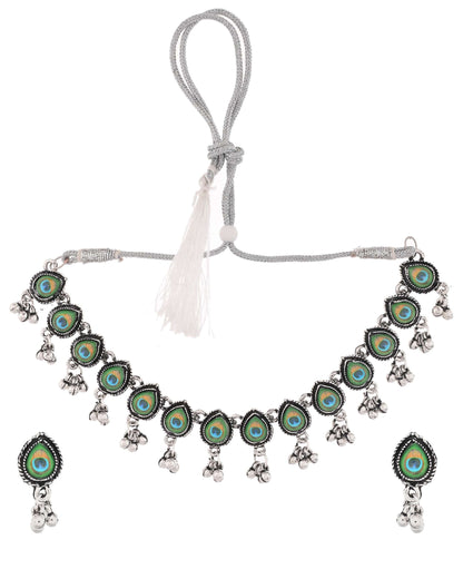 Jewels Nest Oxidised Silver Peacock Feather Necklace with Matching Earrings Set