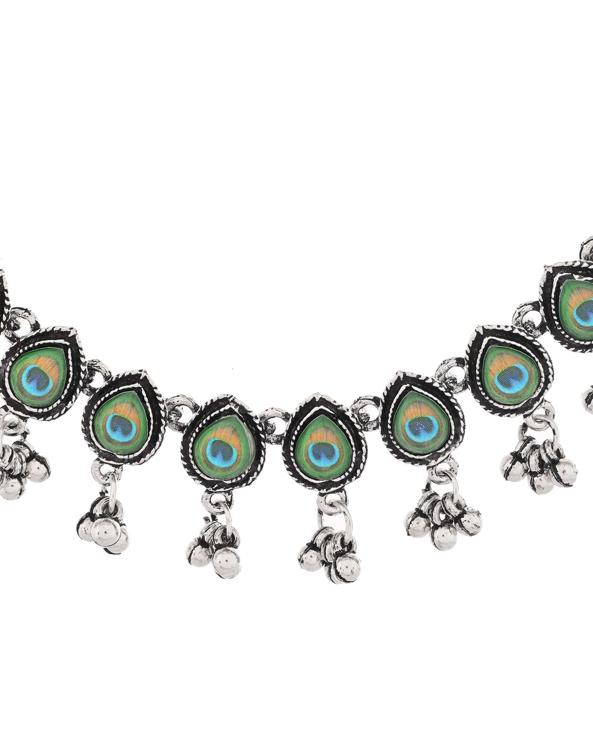 Jewels Nest Oxidised Silver Peacock Feather Necklace with Matching Earrings Set