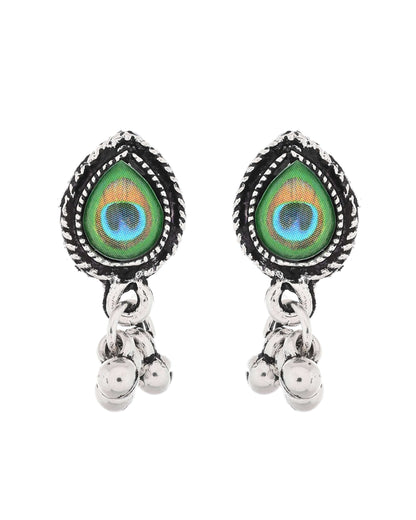 Jewels Nest Oxidised Silver Peacock Feather Necklace with Matching Earrings Set