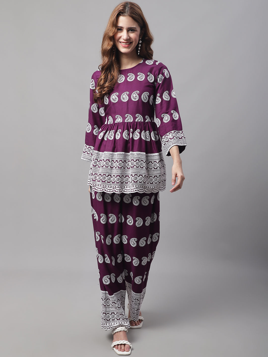 Jainish Women's Embroidered and Sequin work Co-ords - Purple
