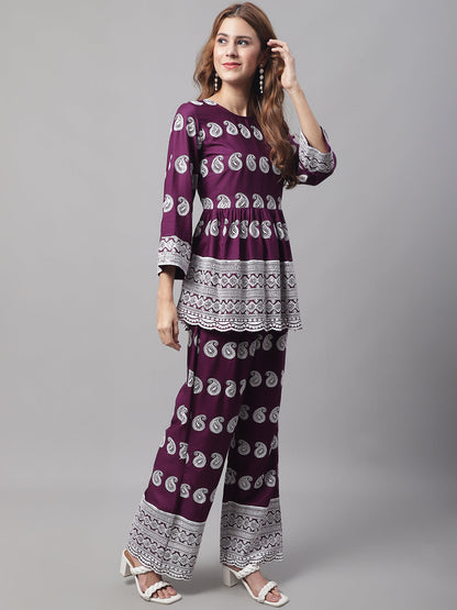 Jainish Women's Embroidered and Sequin work Co-ords - Purple