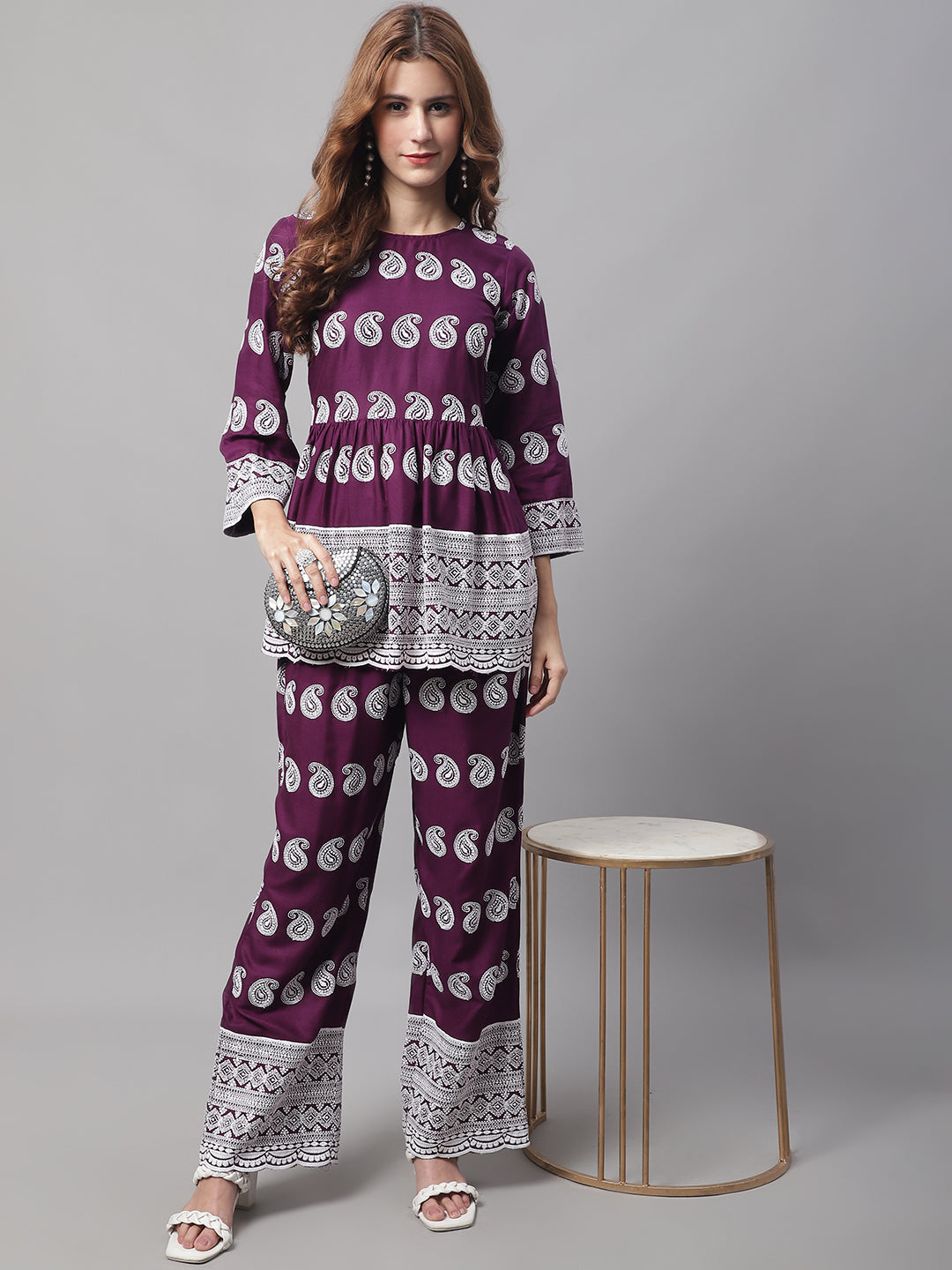 Jainish Women's Embroidered and Sequin work Co-ords - Purple