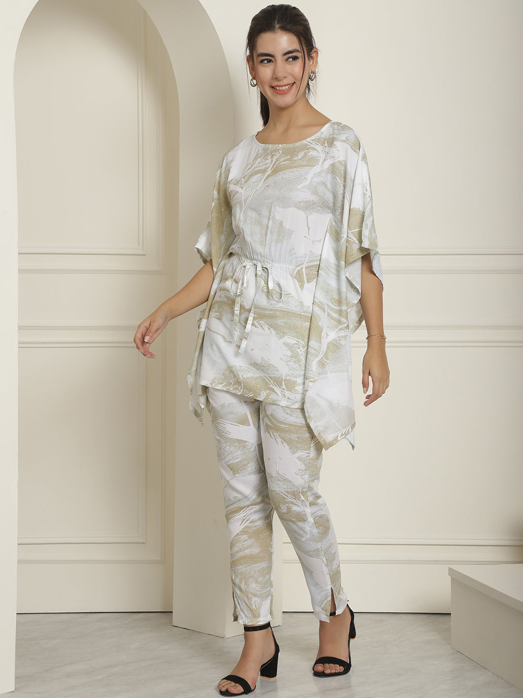 Indian Needle Women's Beige Tie Dye Printed Rayon Kaftan Tunic With Trousers - Beige