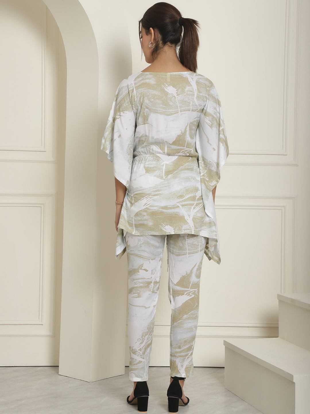 Indian Needle Women's Beige Tie Dye Printed Rayon Kaftan Tunic With Trousers - Beige