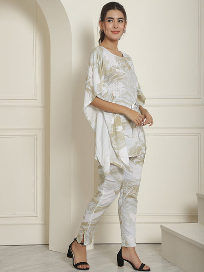 Indian Needle Women's Beige Tie Dye Printed Rayon Kaftan Tunic With Trousers - Beige