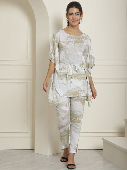 Indian Needle Women's Beige Tie Dye Printed Rayon Kaftan Tunic With Trousers - Beige