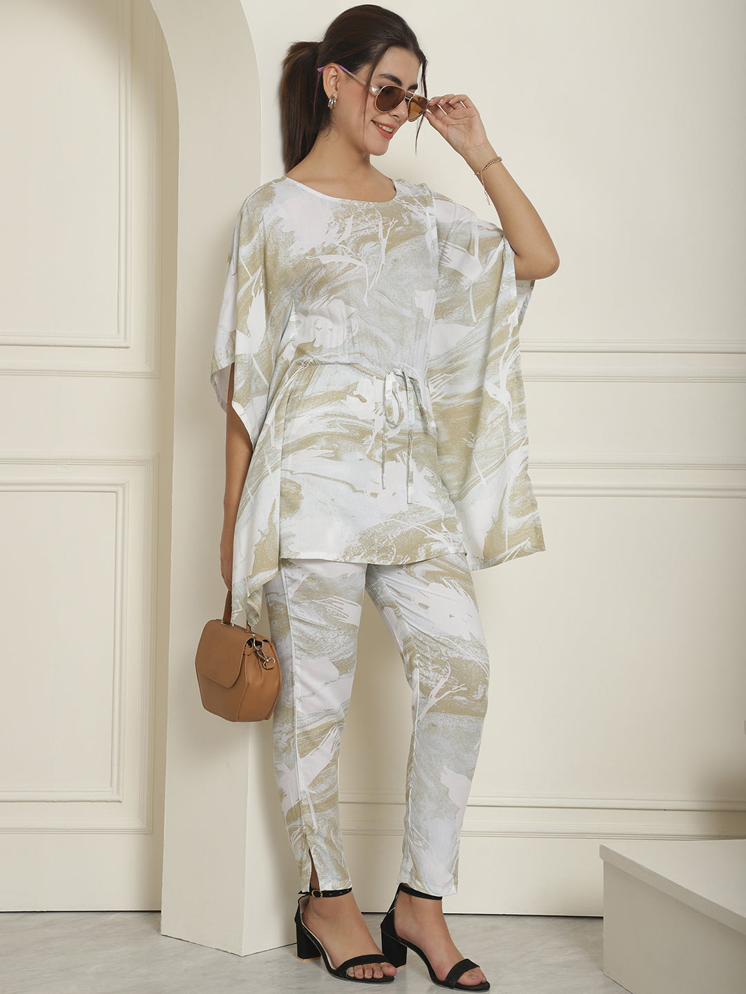 Indian Needle Women's Beige Tie Dye Printed Rayon Kaftan Tunic With Trousers - Beige