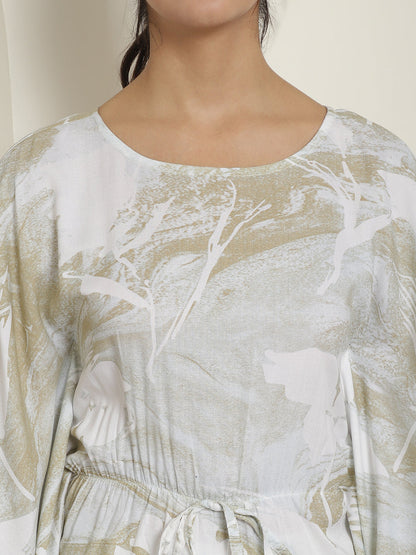 Indian Needle Women's Beige Tie Dye Printed Rayon Kaftan Tunic With Trousers - Beige