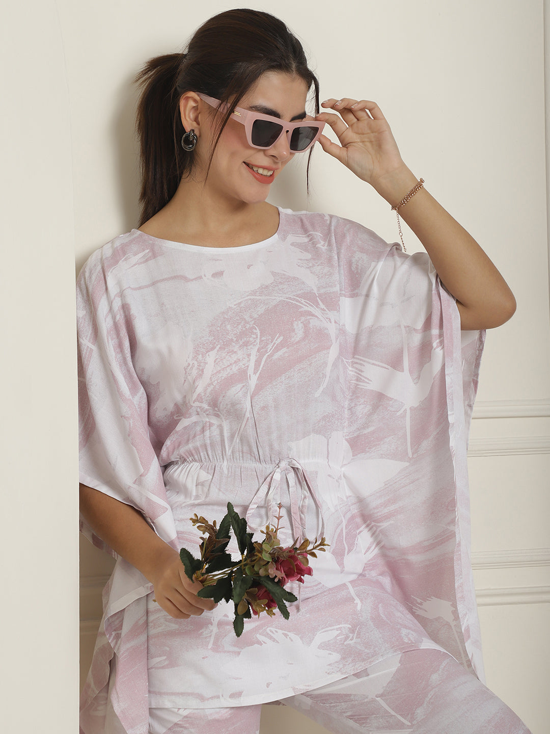 Indian Needle Women's Light-Purple Tie Dye Printed Rayon Kaftan Tunic With Trousers - Light-Purple