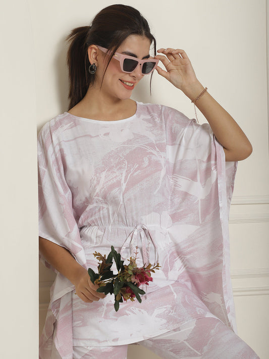 Indian Needle Women's Light-Purple Tie Dye Printed Rayon Kaftan Tunic With Trousers - Light-Purple