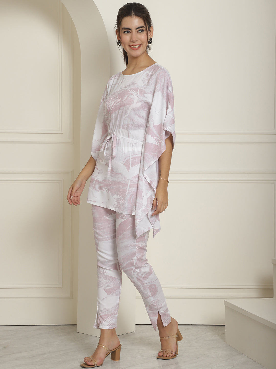 Indian Needle Women's Light-Purple Tie Dye Printed Rayon Kaftan Tunic With Trousers - Light-Purple