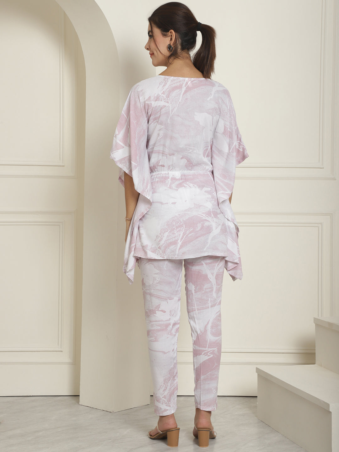 Indian Needle Women's Light-Purple Tie Dye Printed Rayon Kaftan Tunic With Trousers - Light-Purple