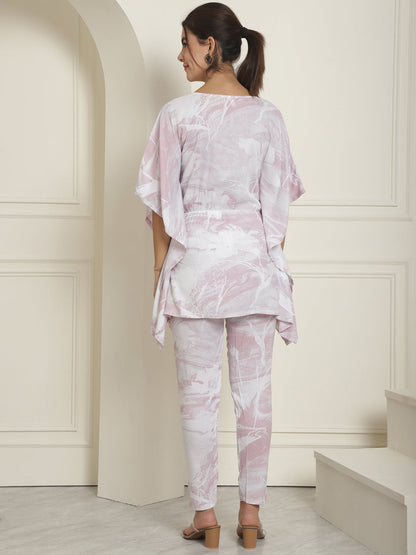 Indian Needle Women's Light-Purple Tie Dye Printed Rayon Kaftan Tunic With Trousers - Light-Purple