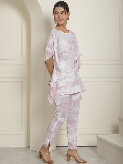 Indian Needle Women's Light-Purple Tie Dye Printed Rayon Kaftan Tunic With Trousers - Light-Purple