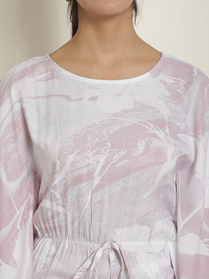 Indian Needle Women's Light-Purple Tie Dye Printed Rayon Kaftan Tunic With Trousers - Light-Purple