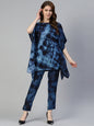 Jainish Women's Navy Blue Tie Dye Printed Rayon Kaftan Tunic With Trousers